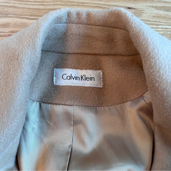 Calvin Klein Vintage 100% Wool Pea Coat Tan Waist Tie Two Button - Picture 8 of 15